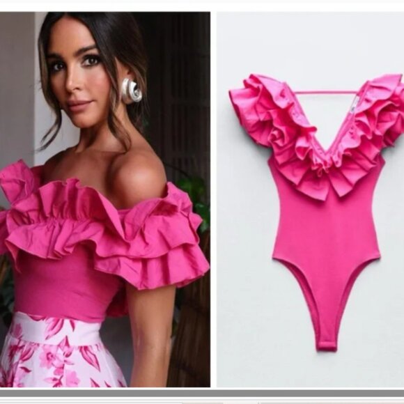 NWT HOT PINK RUFFLED RIB BODYSUIT BLOGGERS FAV - Picture 1 of 12